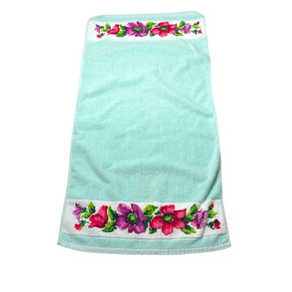 Vintage Teal Floral Hand Towel Indanthren Spring Flowers 18”x35” - Picture 3 of 7